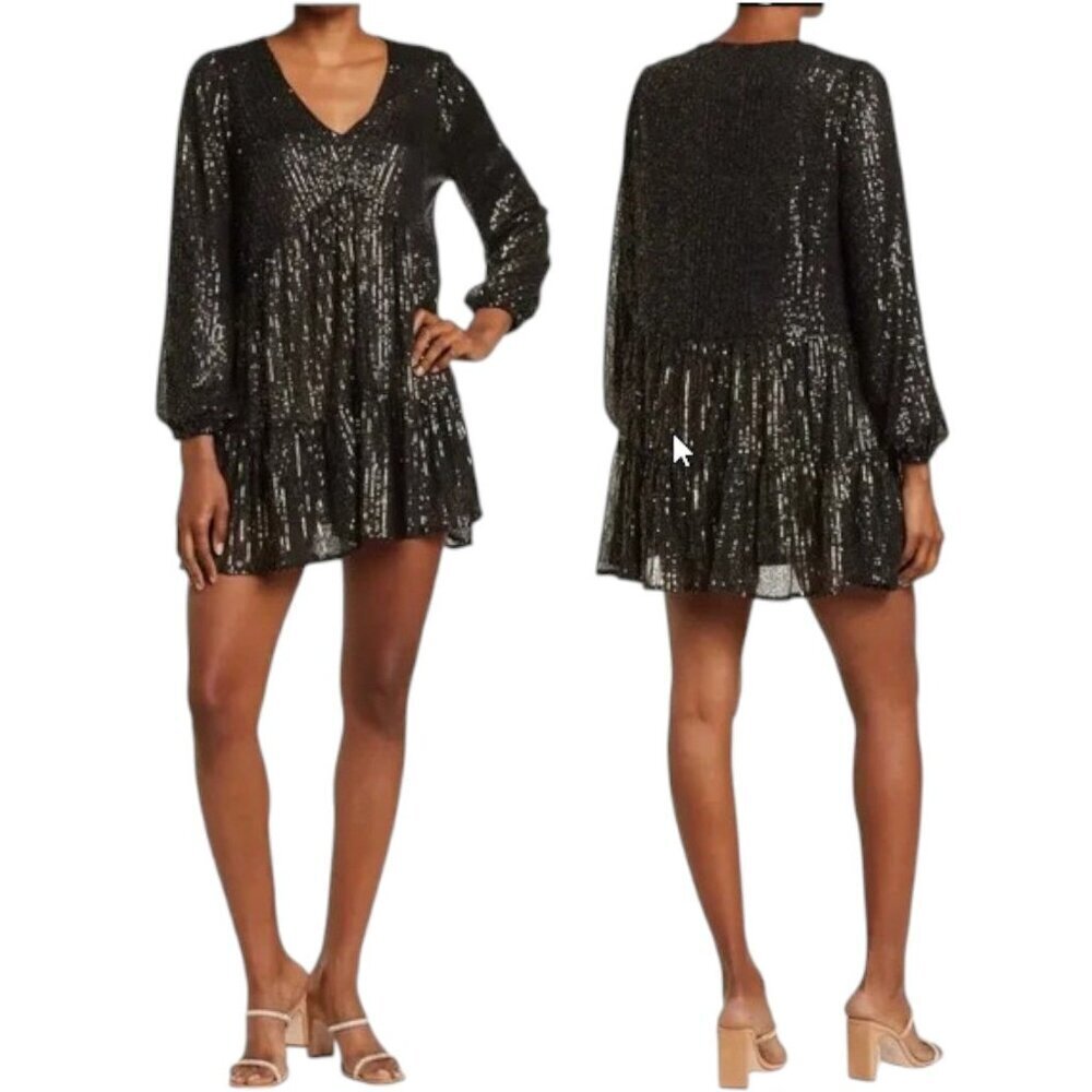 Melloday Black Gold Sequin Tiered Mini‎ Dress Babydoll Tunic Top Party Size L